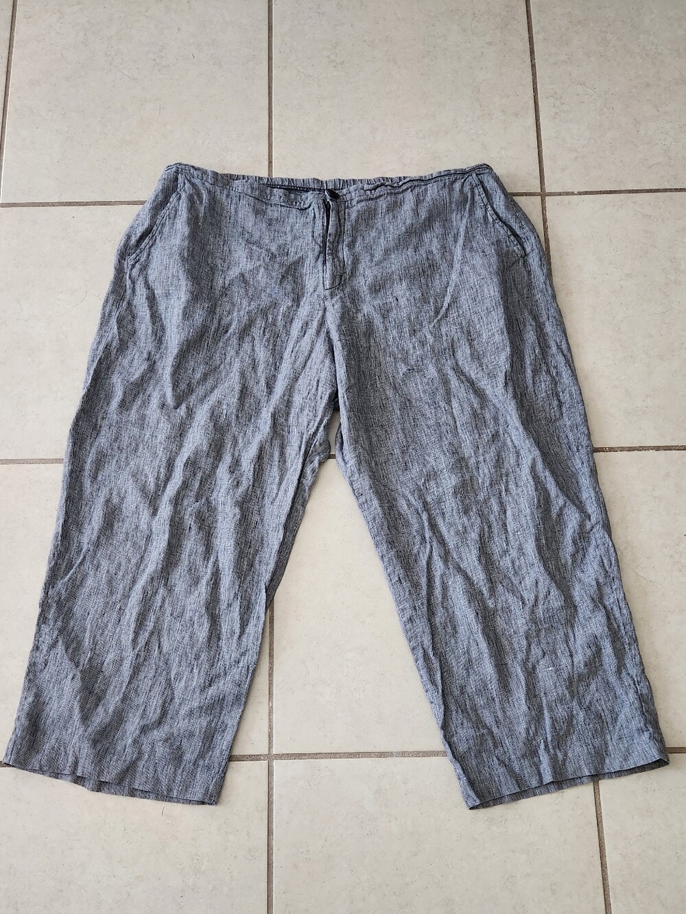 Flax 100% Linen Pull On Elastic Waist Flood Cropped Pant Pockets Boho Wide Leg
